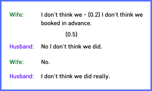 Wife, I don't think we-(0.2) I don't think we booked in advance. (0.5) Husband: No I don't think we did. Wife: No. Husband: I don't think we did really.