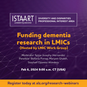 The image is a promotional graphic for a webinar titled "Funding dementia research in LMICs (Low and Middle Income Countries)" hosted by the LMIC Work Group. The event is under the purview of ISTAART, the International Society to Advance Alzheimer's Research and Treatment, within the Diversity and Disparities Professional Interest Area. The moderator for the event is Sylvia Joseph-Hernandez, and the panel consists of Stefania Formen, Meryam Ghalah, and Stephen Ojimbo Wandera. The webinar is scheduled for February 6, 2024, at 9:00 a.m. CT (USA). There is an invitation to register for the event with a link provided: alz.org/research-webinars. The background is purple with a geometric design, and the text is presented in white and yellow.