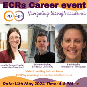 The image is a promotional poster for an academic career event. It features a gradient orange to purple background with white text and photos of three individuals. At the top, in a white banner, the text reads "ECRs Career event." Below, there are three circular photos aligned horizontally. From left to right, the first is a woman with long hair and glasses, identified as "Janelle Drouin-Ouellet, University of Montreal." The second is a man with short hair, "Benjamin Dehay, Bordeaux University." The third is a woman with curly hair, "Emily Rocha, University of Pittsburgh." Each person is in a professional setting. In the bottom third of the image, there's a large white banner with text: "Navigating through academia," and a logo resembling a compass needle. Additional information includes "Virtual meeting held on Zoom," the RSVP email, and the date and time "14th May 2024, 4-5 PM BST," with logos for "PD Age."