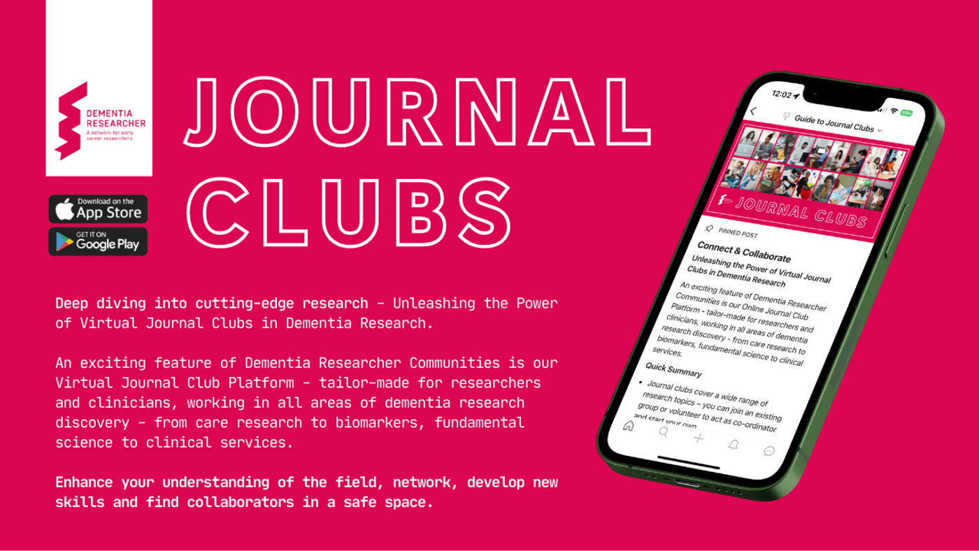 The image is a promotional graphic for the "Journal Clubs" feature of the Dementia Researcher Communities app, set against a bright pink background. On the left, the Dementia Researcher logo is displayed along with icons for downloading the app from the App Store and Google Play. The large text in the centre reads "JOURNAL CLUBS." Below this, a description explains the feature: "Deep diving into cutting-edge research – Unleashing the Power of Virtual Journal Clubs in Dementia Research. An exciting feature of Dementia Researcher Communities is our Virtual Journal Club Platform – tailor-made for researchers and clinicians, working in all areas of dementia research discovery – from care research to biomarkers, fundamental science to clinical services. Enhance your understanding of the field, network, develop new skills and find collaborators in a safe space." To the right, there is an illustration of a smartphone displaying the app interface, showing a section titled "Journal Clubs" with a guide and a list of posts related to dementia research. This highlights the collaborative and educational aspect of the platform's virtual journal clubs.