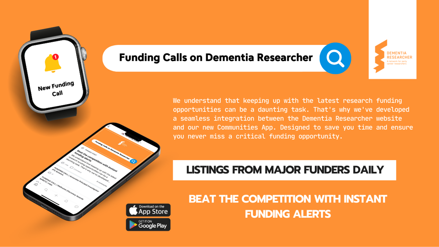 The image is a promotional graphic for the Dementia Researcher Communities app, specifically highlighting its "Funding Calls" feature. The background is orange. On the left, there is an illustration of a smartwatch displaying a notification with an icon of a bell and the text "New Funding Call." Below this, there is an image of a smartphone screen showing the app interface with a section titled "Funding Calls on Dementia Researcher." The large text at the top reads "Funding Calls on Dementia Researcher." To the right, a paragraph explains the feature: "We understand that keeping up with the latest research funding opportunities can be a daunting task. That's why we've developed a seamless integration between the Dementia Researcher website and our new Communities App. Designed to save you time and ensure you never miss a critical funding opportunity." Below the paragraph, a bold text reads, "LISTINGS FROM MAJOR FUNDERS DAILY," and underneath it, "BEAT THE COMPETITION WITH INSTANT FUNDING ALERTS." At the bottom right, there are icons for downloading the app from the App Store and Google Play. The Dementia Researcher logo is at the top right corner of the image.