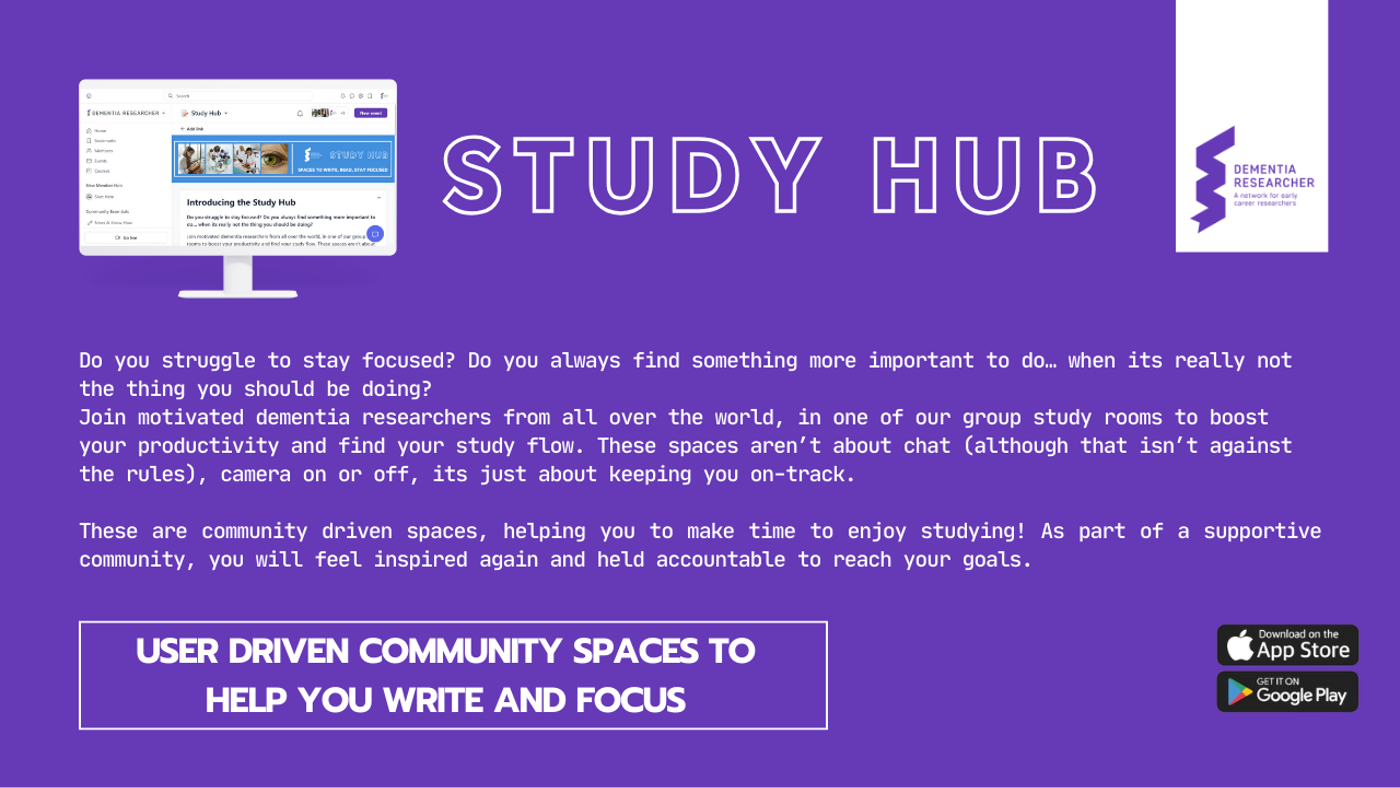 The image is a promotional graphic for the Dementia Researcher Communities app, highlighting its "Study Hub" feature, set against a purple background. On the left, there is an illustration of a computer screen showing a webpage titled "Study Hub" from the Dementia Researcher website. The large text on the right says "STUDY HUB." Below this, the description reads: "Do you struggle to stay focused? Do you always find something more important to do... when it’s really not the thing you should be doing? Join motivated dementia researchers from all over the world in one of our group study rooms to boost your productivity and find your study flow. These spaces aren’t about chat (although that isn’t against the rules), camera on or off, it's just about keeping you on-track. These are community-driven spaces, helping you to make time to enjoy studying! As part of a supportive community, you will feel inspired again and held accountable to reach your goals." At the bottom, there is a white box with bold text saying, "USER DRIVEN COMMUNITY SPACES TO HELP YOU WRITE AND FOCUS." Below this, there are icons for downloading the app from the App Store and Google Play. The Dementia Researcher logo is in the top right corner.