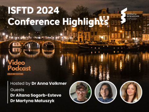 The image shows a promotional graphic for the ISFTD 2024 Conference Highlights video podcast by Dementia Researcher. The background features a beautiful nighttime view of an Amsterdam canal, with warm lights reflecting off the water and buildings in the background. The text on the image reads: "ISFTD 2024 Conference Highlights" "dementiaresearcher.nihr.ac.uk" "Video Podcast – Only on YouTube" At the bottom left, the hosts and guests are mentioned: Hosted by Dr Anna Volkmer Guests: Dr Aitana Sogorb Esteve and Dr Martyna Matuszyk Small circular images of the host and the two guests are shown in the lower right section of the image.