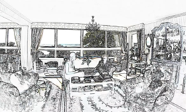 A black-and-white sketch-style illustration of a traditional living room with large windows showcasing an outdoor view. The room includes armchairs, a coffee table, a Christmas tree, and various decorative elements like curtains, a mirror, and shelves. A person is seated, engaged in an activity, adding a lived-in feel to the scene.